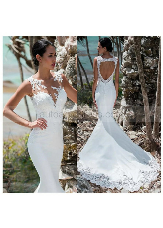 Mermaid White Vintage Lace Satin Cutout Back Wedding Dress